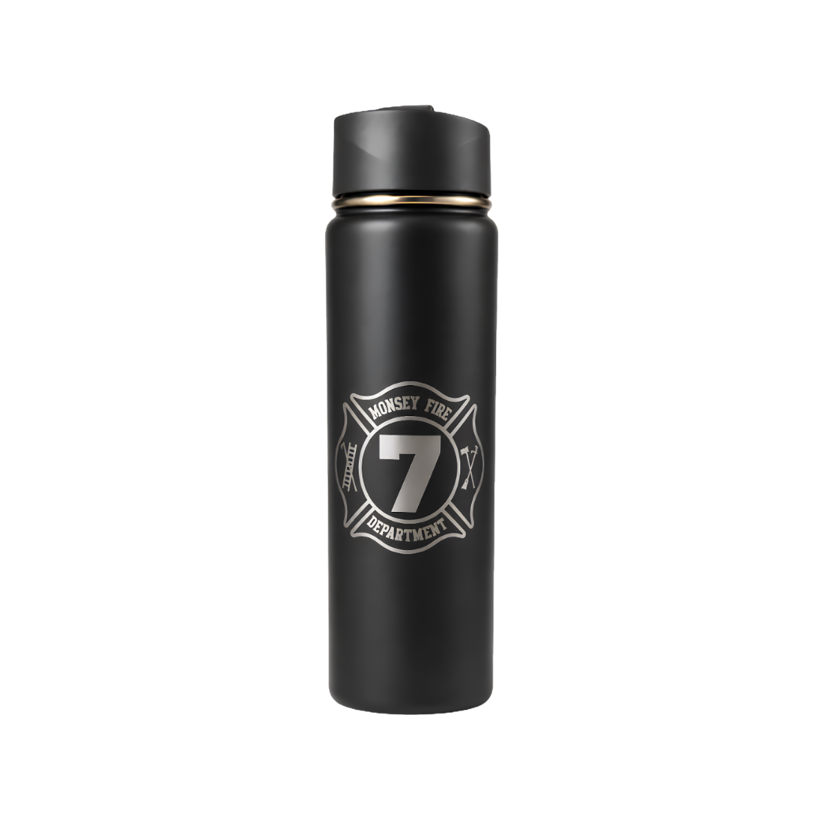 Black insulated travel tumbler with a matching black lid and a white circular personalized emblem on the front.