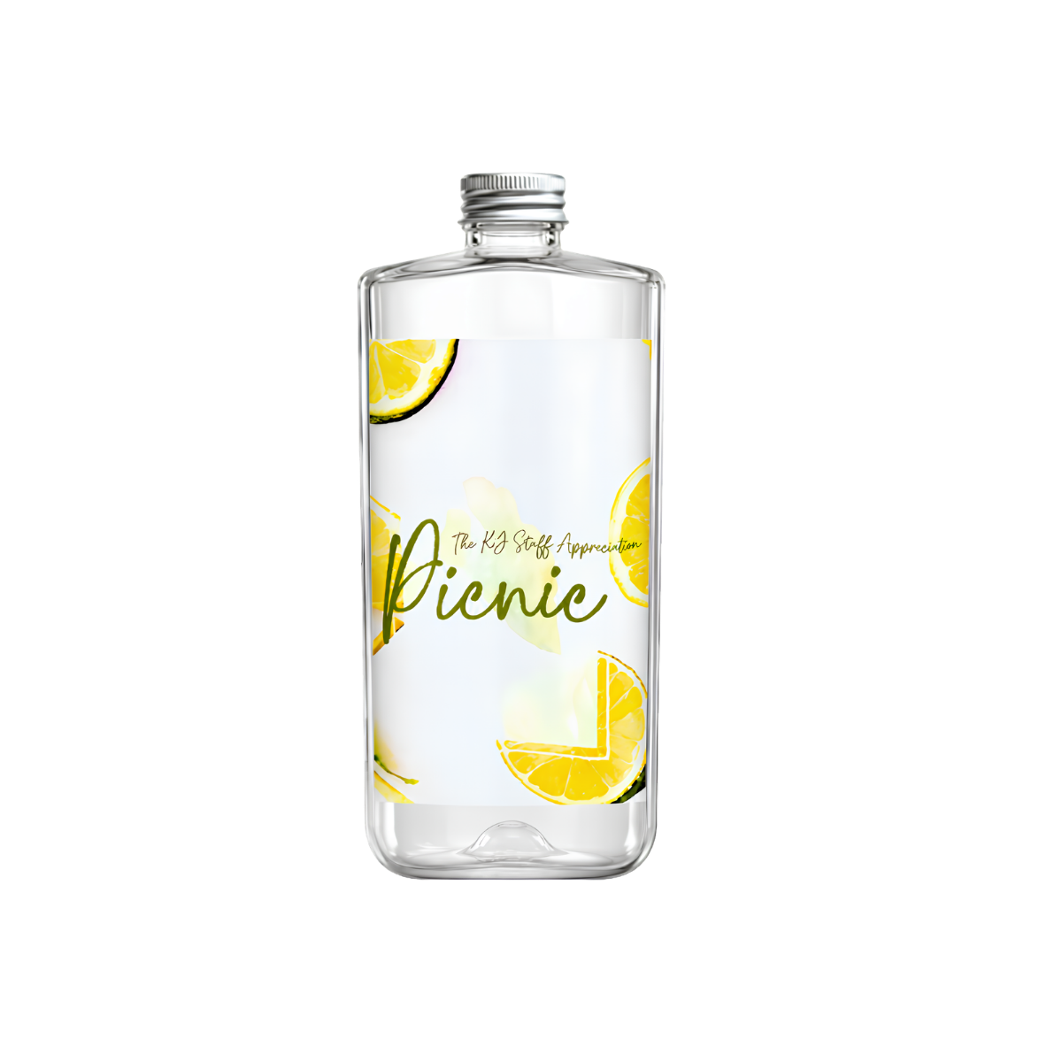 White personalized water bottle with a white cap, featuring bright yellow lemon illustrations and yellow cursive lettering.