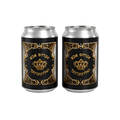 Pair of black personalized beverage cans with silver tops, featuring ornate gold decorative patterns and matching circular emblems.
